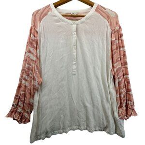 Cato Womens Top Sz 18/20W Plus Pink Camo Henley Rayon Lightwt MixedMedia Casual